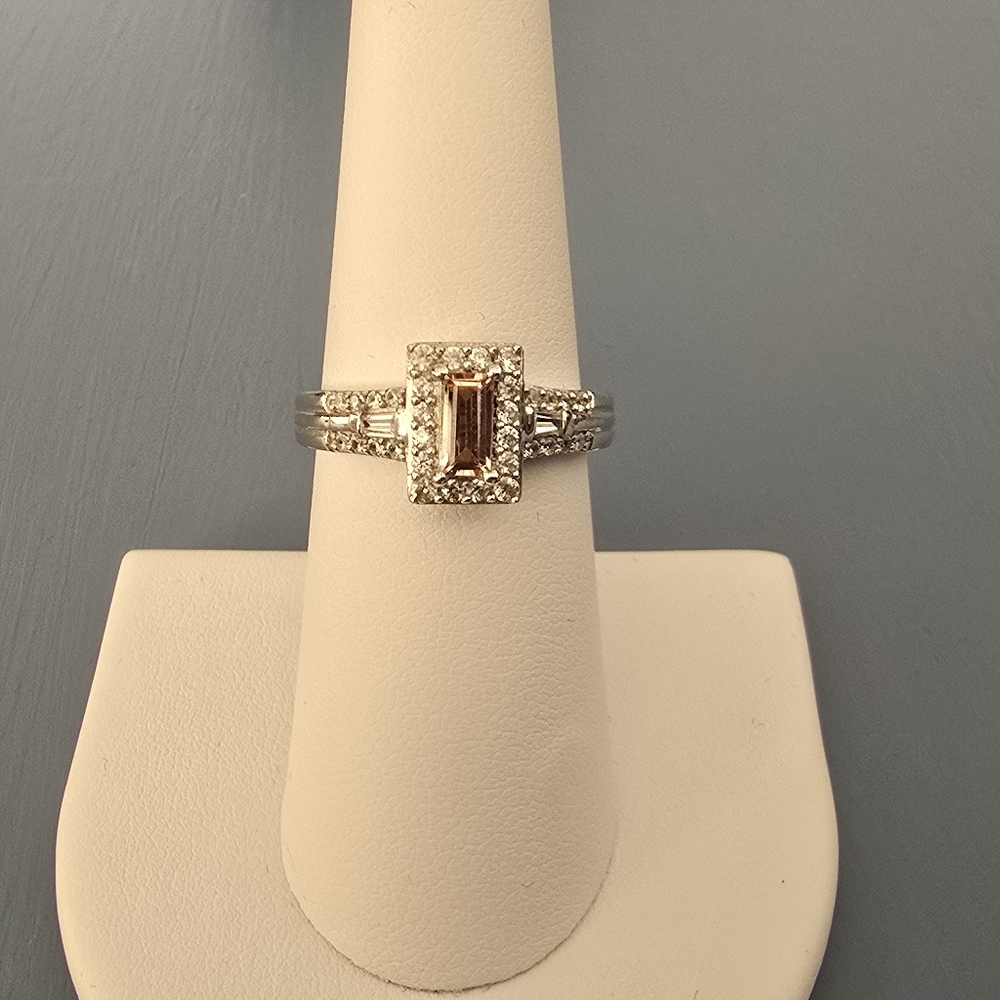 .925 Sterling Silver Lab Grown Champagne Stone W/ 34 Secondary Cubic Zirconias